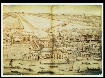 Een Vogelvlucht van Whitehall Paleis, c.1695 door Leonard Knyff